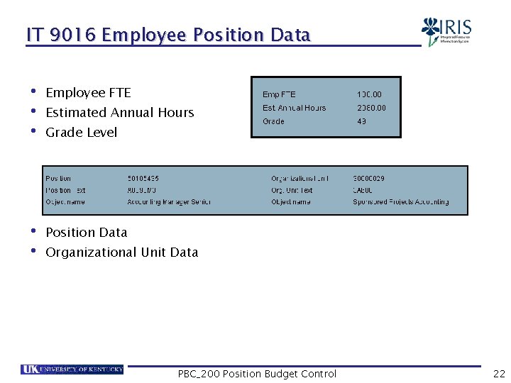 IT 9016 Employee Position Data • Employee FTE • Estimated Annual Hours • Grade