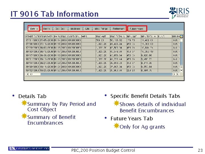 IT 9016 Tab Information • Details Tab Summary by Pay Period and Cost Object