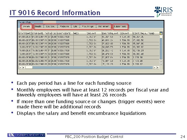 IT 9016 Record Information • Each pay period has a line for each funding