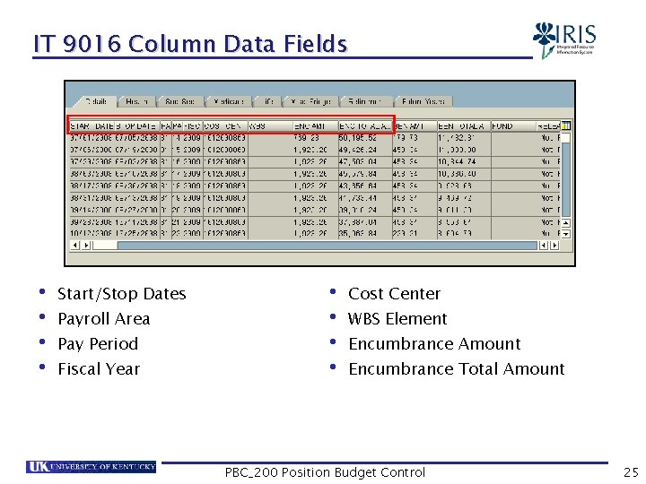 IT 9016 Column Data Fields • Start/Stop Dates • Payroll Area • Pay Period