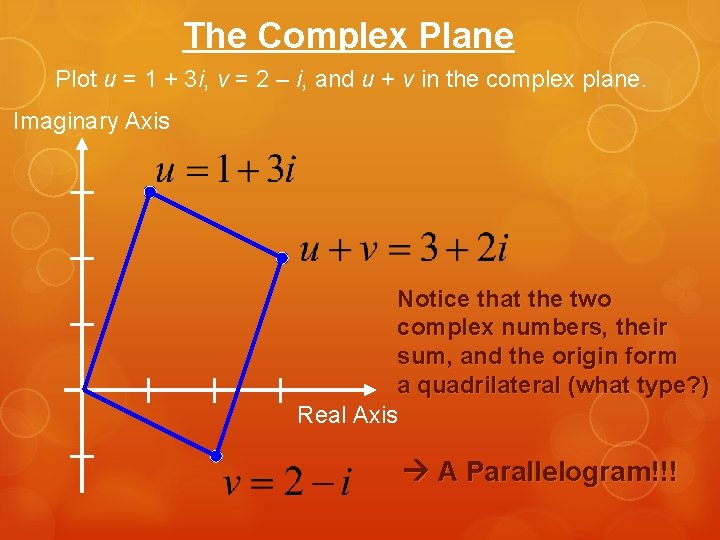 The Complex Plane Plot u = 1 + 3 i, v = 2 –