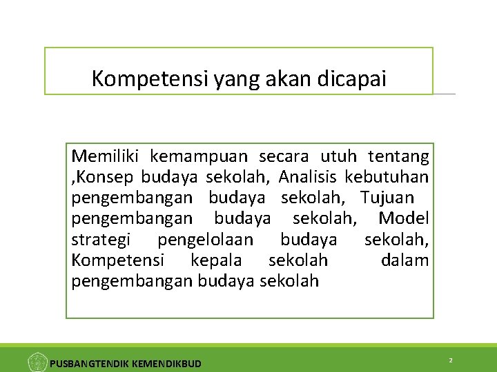 Kompetensi yang akan dicapai Memiliki kemampuan secara utuh tentang , Konsep budaya sekolah, Analisis