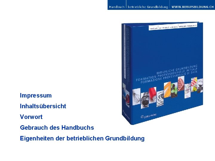 Impressum Inhaltsübersicht Vorwort Gebrauch des Handbuchs Eigenheiten der betrieblichen Grundbildung 