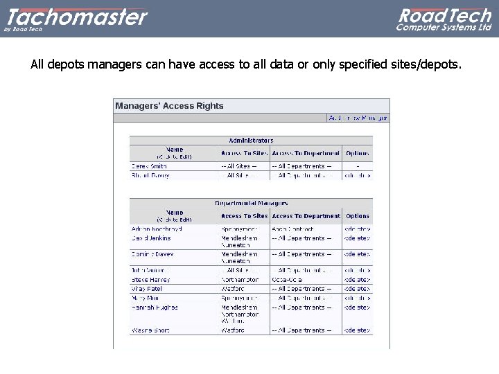 All depots managers can have access to all data or only specified sites/depots. 