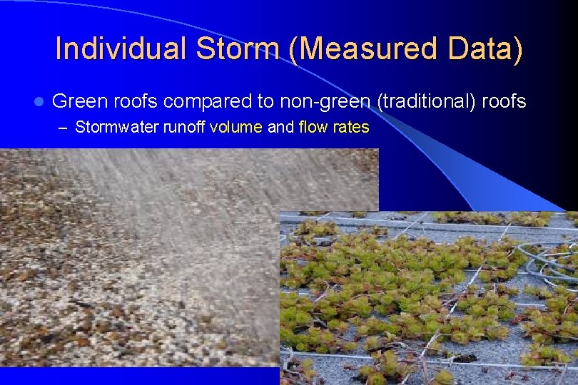 Individual Storm (Measured Data) l Green roofs compared to non-green (traditional) roofs – Stormwater