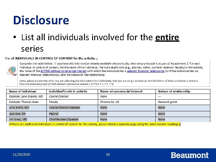 Disclosure • List all individuals involved for the entire series 11/23/2020 23 