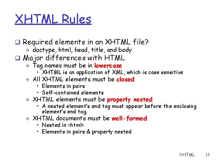 XHTML Rules q Required elements in an XHTML file? v doctype, html, head, title,