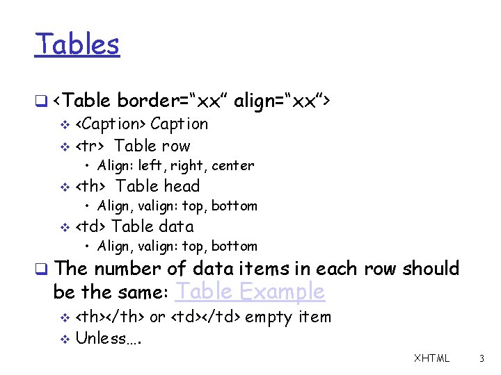 Tables q <Table border=“xx” align=“xx”> v <Caption> Caption v <tr> Table row • Align: