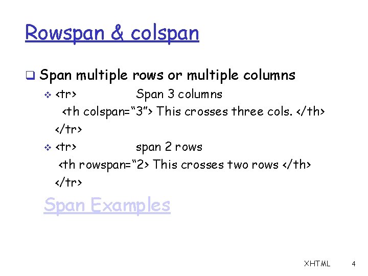 Rowspan & colspan q Span multiple rows or multiple columns v <tr> Span 3