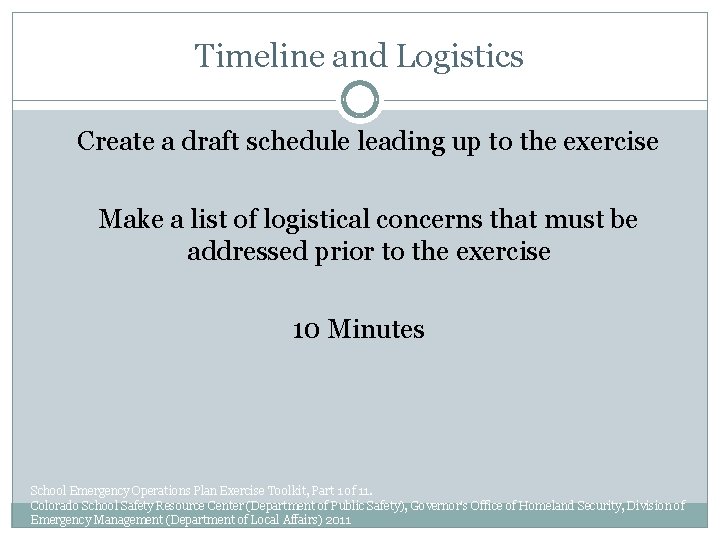Timeline and Logistics Create a draft schedule leading up to the exercise Make a