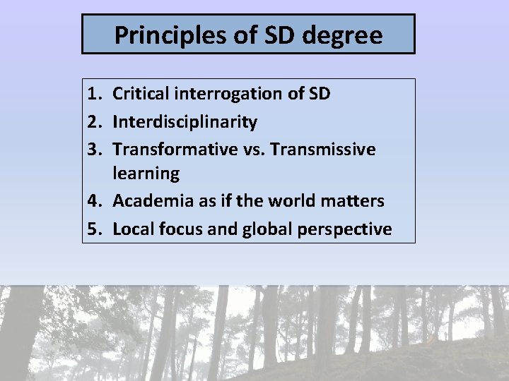 Principles of SD degree 1. Critical interrogation of SD 2. Interdisciplinarity 3. Transformative vs.