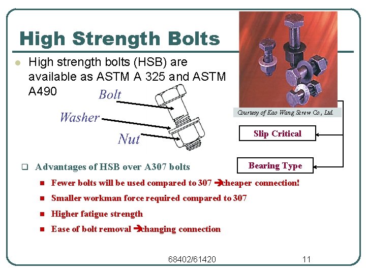 High Strength Bolts l High strength bolts (HSB) are available as ASTM A 325