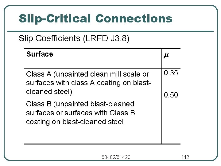 Slip-Critical Connections Slip Coefficients (LRFD J 3. 8) Surface Class A (unpainted clean mill