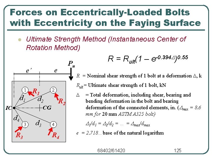 Forces on Eccentrically-Loaded Bolts with Eccentricity on the Faying Surface Ultimate Strength Method (Instantaneous