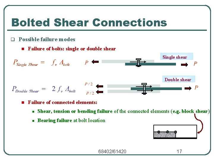Bolted Shear Connections q Possible failure modes n Failure of bolts: single or double Bolted Shear Connections q Possible failure modes n Failure of bolts: single or double