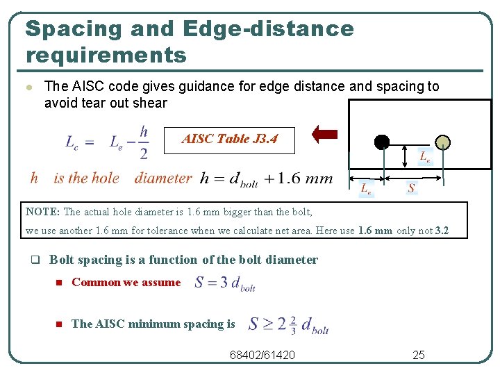 Spacing and Edge-distance requirements l The AISC code gives guidance for edge distance and