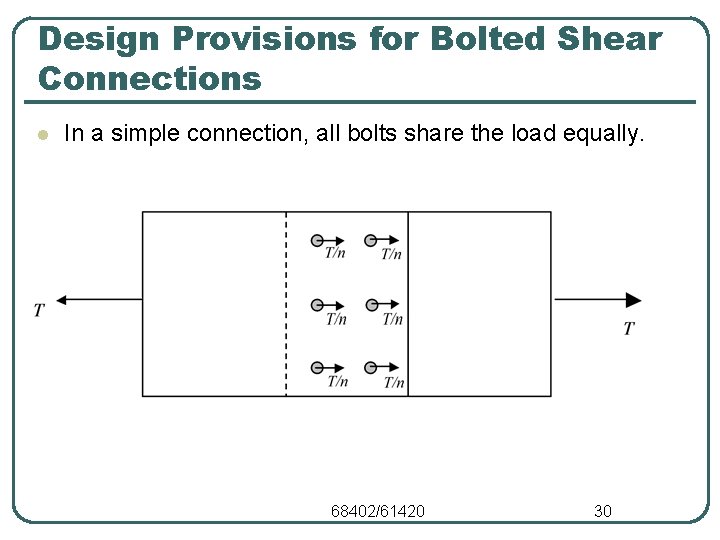 Design Provisions for Bolted Shear Connections l In a simple connection, all bolts share