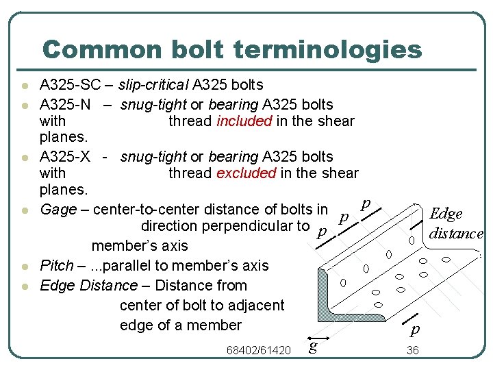 Common bolt terminologies l l l A 325 -SC – slip-critical A 325 bolts