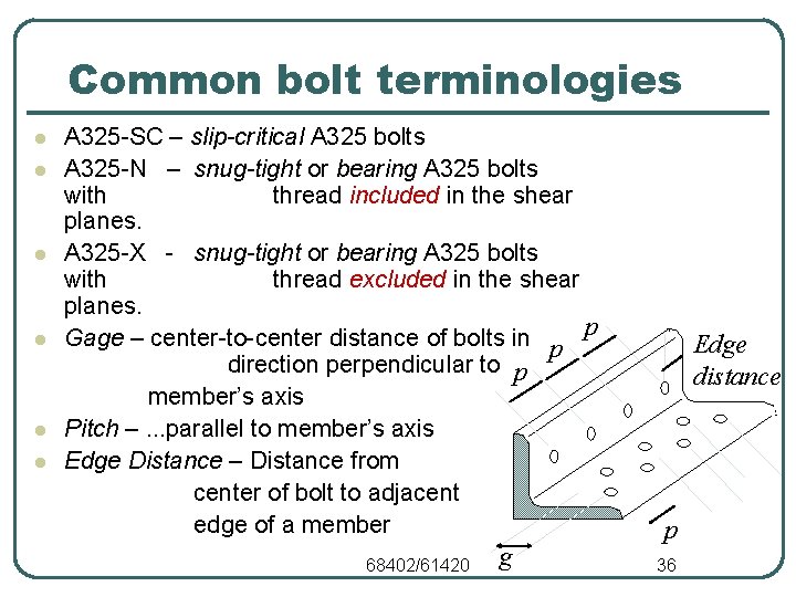 Common bolt terminologies l l l A 325 -SC – slip-critical A 325 bolts Common bolt terminologies l l l A 325 -SC – slip-critical A 325 bolts