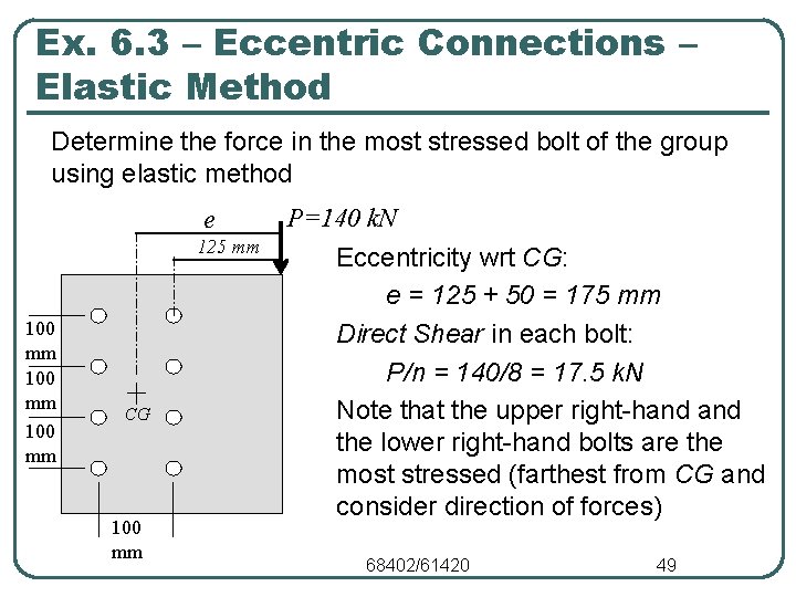 Ex. 6. 3 – Eccentric Connections – Elastic Method Determine the force in the