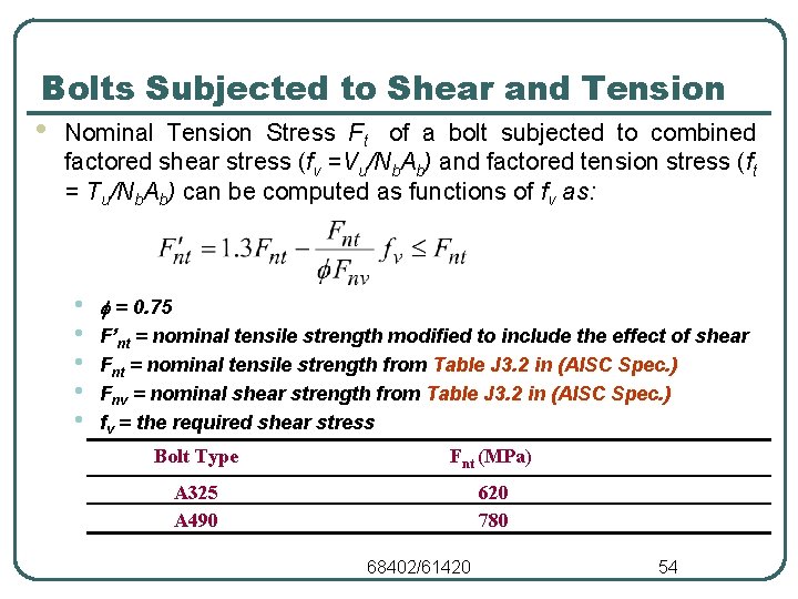 Bolts Subjected to Shear and Tension • Nominal Tension Stress Ft of a bolt
