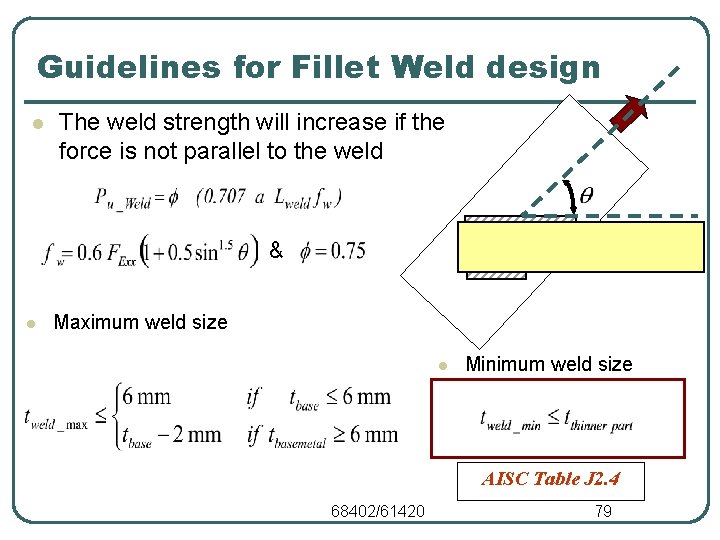 Guidelines for Fillet Weld design l The weld strength will increase if the force