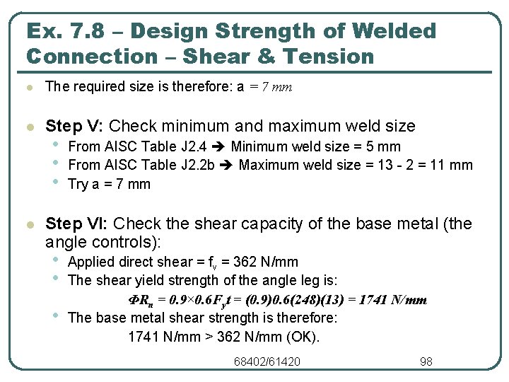 Ex. 7. 8 – Design Strength of Welded Connection – Shear & Tension l Ex. 7. 8 – Design Strength of Welded Connection – Shear & Tension l