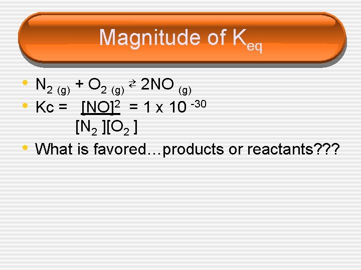 Magnitude of Keq • N 2 (g) + O 2 (g) ⇄ 2 NO Magnitude of Keq • N 2 (g) + O 2 (g) ⇄ 2 NO
