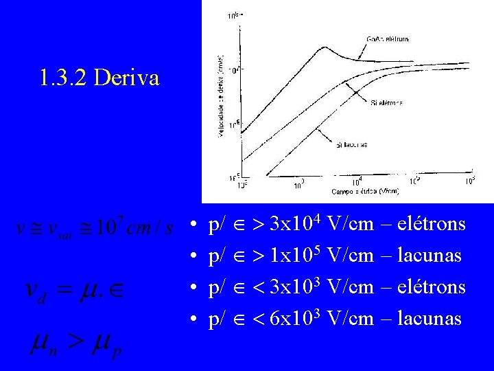 1. 3. 2 Deriva • • p/ 3 x 104 V/cm – elétrons p/