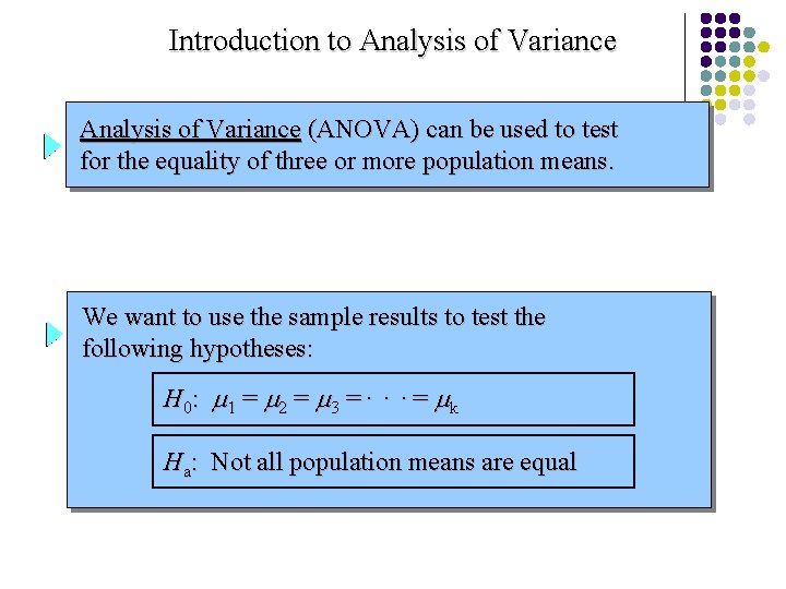 Introduction to Analysis of Variance (ANOVA) can be used to test for the equality