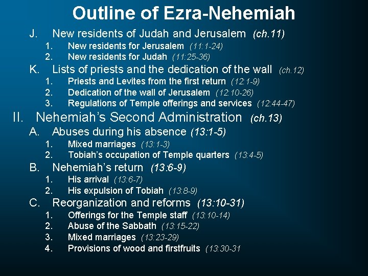 Outline of Ezra-Nehemiah J. New residents of Judah and Jerusalem (ch. 11) 1. 2.