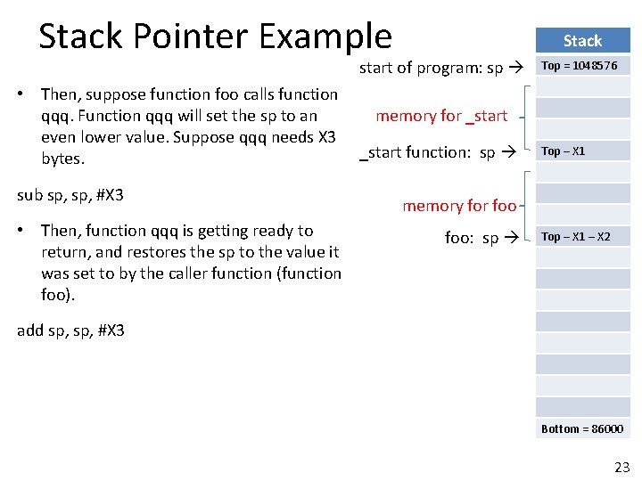 Stack Pointer Example Stack start of program: sp • Then, suppose function foo calls