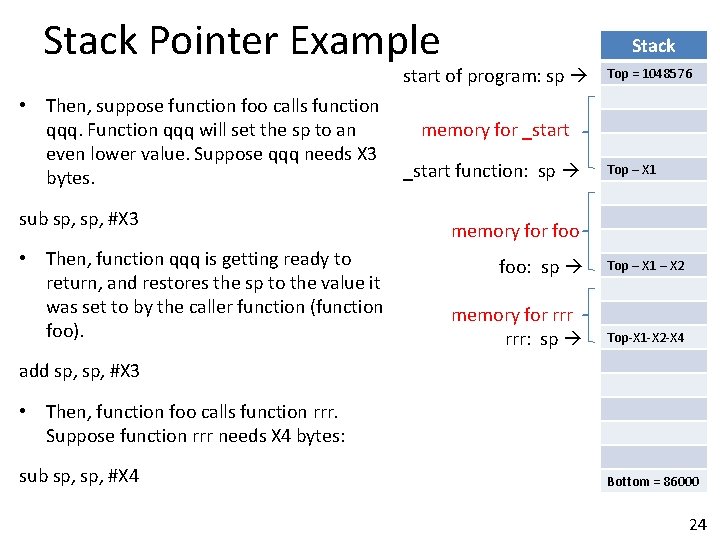 Stack Pointer Example Stack start of program: sp • Then, suppose function foo calls