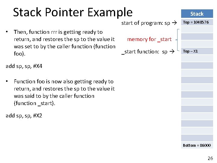 Stack Pointer Example start of program: sp • Then, function rrr is getting ready