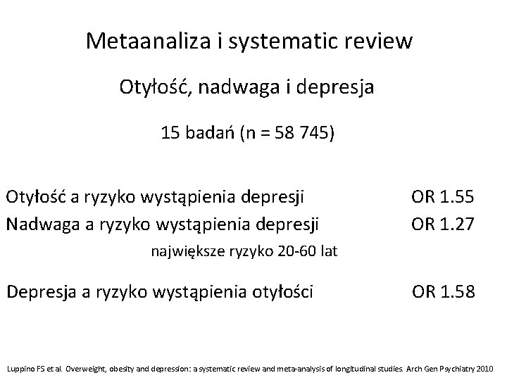 Metaanaliza i systematic review Otyłość, nadwaga i depresja 15 badań (n = 58 745)