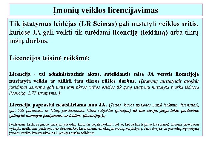 Įmonių veiklos licencijavimas Tik įstatymus leidėjas (LR Seimas) gali nustatyti veiklos sritis, kuriose JA