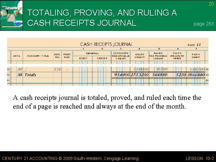 20 TOTALING, PROVING, AND RULING A CASH RECEIPTS JOURNAL page 283 A cash receipts