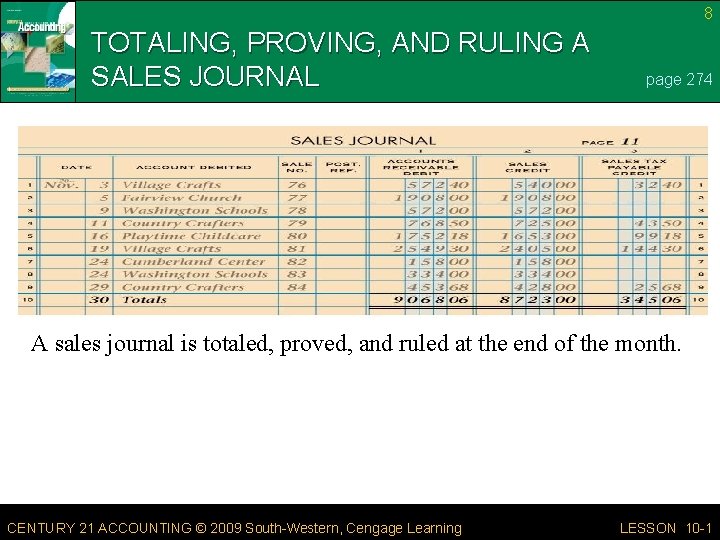 8 TOTALING, PROVING, AND RULING A SALES JOURNAL page 274 A sales journal is