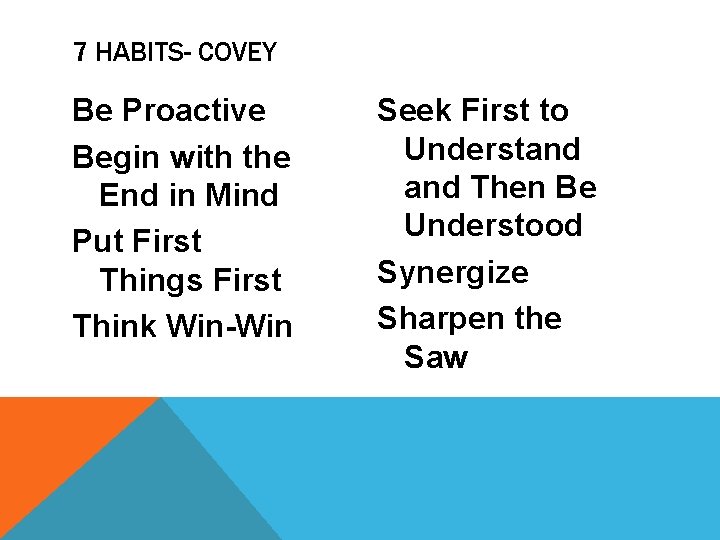 7 HABITS- COVEY Be Proactive Begin with the End in Mind Put First Things