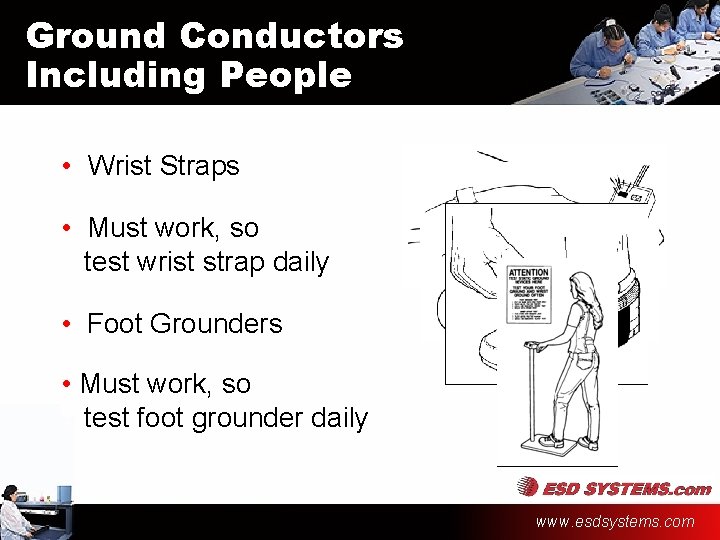 Ground Conductors Including People • Wrist Straps • Must work, so test wrist strap