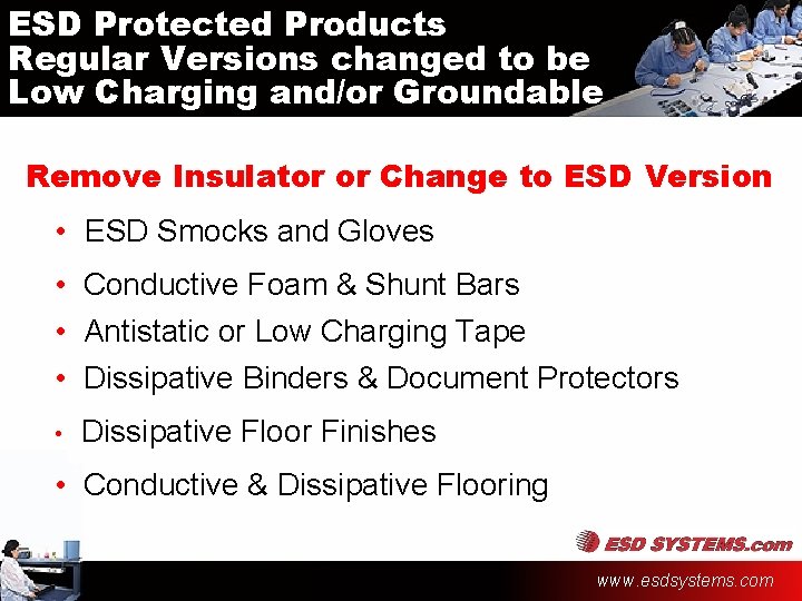 ESD Protected Products Regular Versions changed to be Low Charging and/or Groundable Remove Insulator