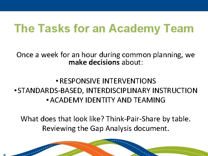 The Tasks for an Academy Team Once a week for an hour during common