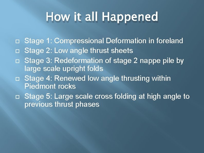 How it all Happened Stage 1: Compressional Deformation in foreland Stage 2: Low angle