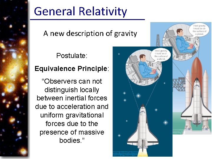 General Relativity A new description of gravity Postulate: Equivalence Principle: “Observers can not distinguish