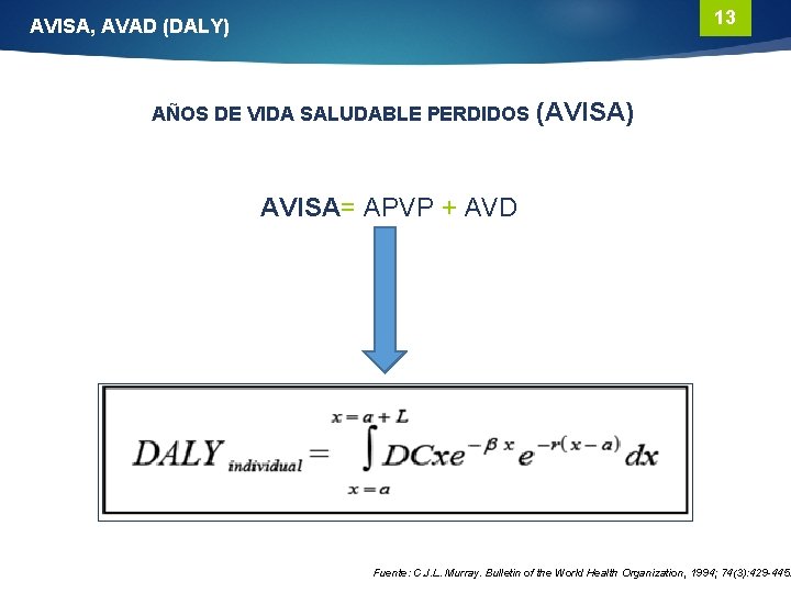 13 AVISA, AVAD (DALY) AÑOS DE VIDA SALUDABLE PERDIDOS (AVISA) AVISA= APVP + AVD