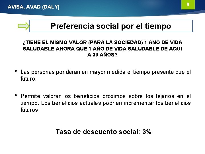 AVISA, AVAD (DALY) 9 Preferencia social por el tiempo ¿TIENE EL MISMO VALOR (PARA