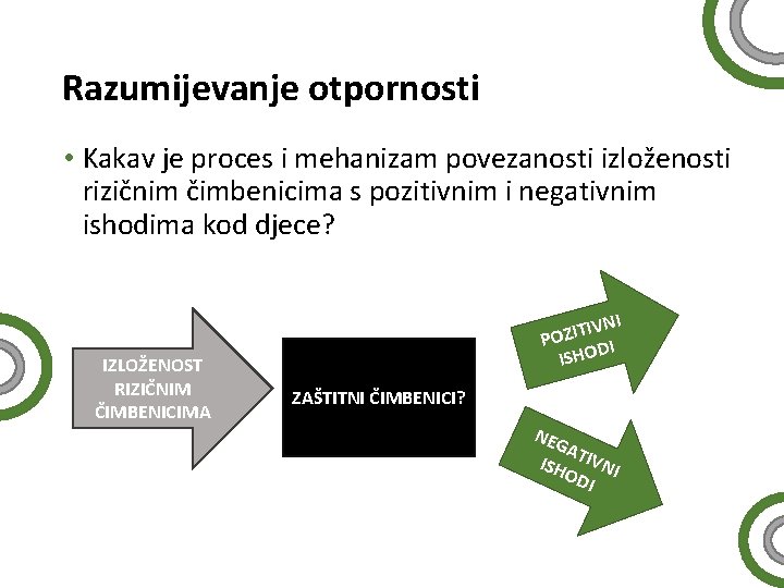 Razumijevanje otpornosti • Kakav je proces i mehanizam povezanosti izloženosti rizičnim čimbenicima s pozitivnim