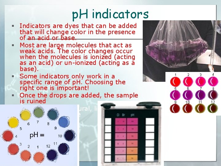 p. H indicators § Indicators are dyes that can be added that will change