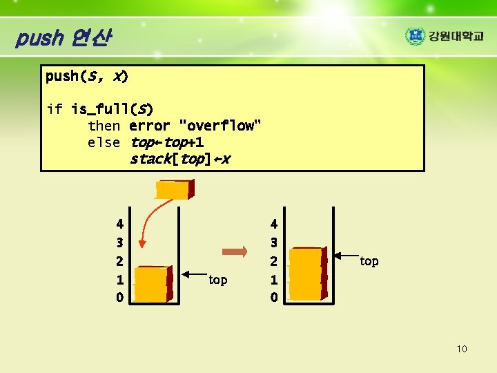push 연산 push(S, x) if is_full(S) then error "overflow" else top←top+1 stack[top]←x 4 3