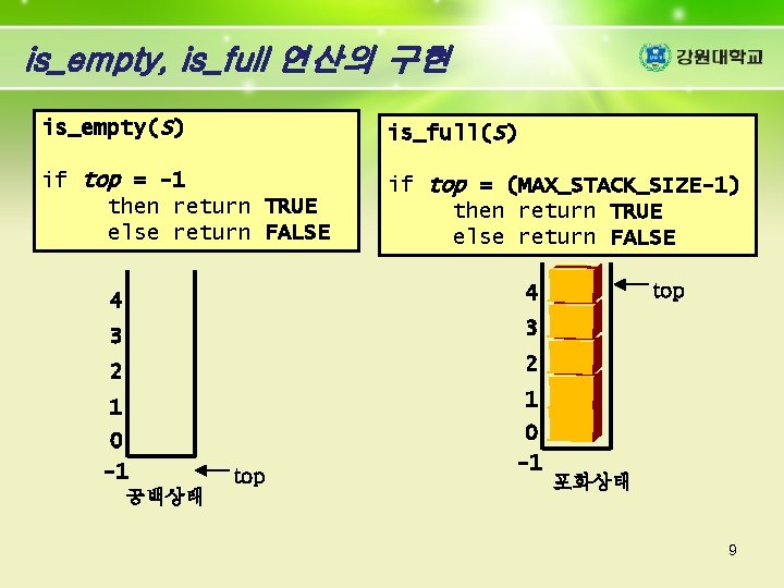 is_empty, is_full 연산의 구현 is_empty(S) is_full(S) if top = -1 then return TRUE else